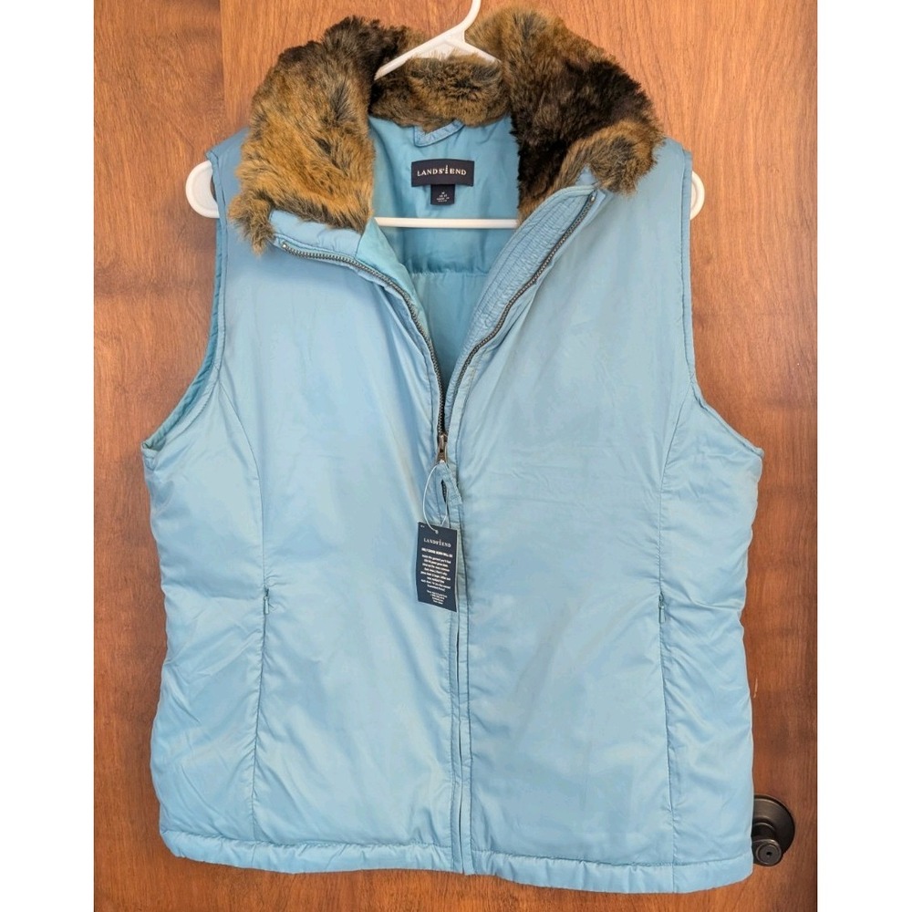 Lands' End NEW Blue Goose Down Vest Jacket W Faux Fur Collar Medium